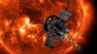 a spacecraft in the foreground and a large fiery sun in the background.