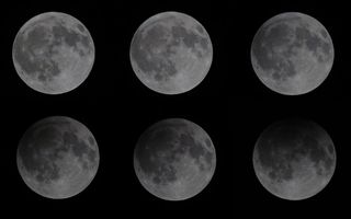 penumbral lunar eclipse may 2023 shows a sequence of six images of the moon each getting progressively darker in the upper portion of the celestial body.