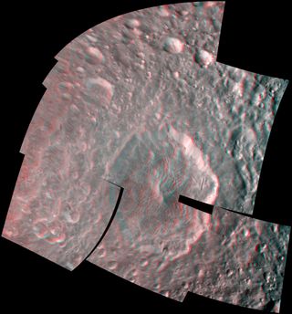 Photo of Mimas' Herschel Crater in 3-D from Cassini