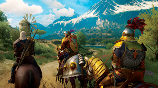 Geralt rides alongside two knights across a vibrant farmland