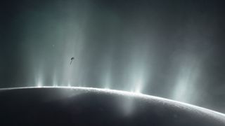 a small probe shaped like a lollipop flies above an icy moon spewing plumes of vapor into space