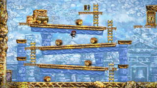 Mutliple enemies on platforms in Braid Anniversary Edition.