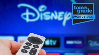 Tom&#039;s Guide Awards 2023: Apple TV 4K (2022) remote pointed at the tvOS Home screen