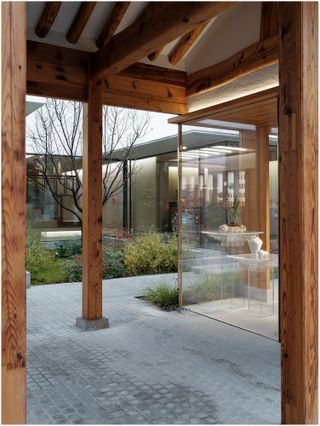 wooden pillars of covered terrace