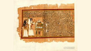 A section of the "Book of the Dead," a papyrus manuscript with cursive hieroglyphs and color illustrations. Here we see Ani, Scribe of the Sacred Revenues of all the gods of Thebes, and administrator of the Granaries of the Lords of Abydos, and his wife Tutu before a table of offerings of meat, cakes, fruit, flowers, etc.