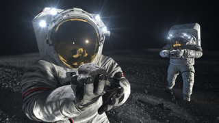 Artist&#039;s impression of two spacesuited astronauts working on the moon.