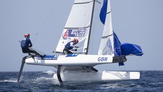 John Gimson and Anna Burnet representing GBR Nacra 17 Mixed racing during day seven of the Paris 2024 Sailing Test Event at Marseille Marina on July 15, 2023 in Marseille, France. 