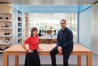 View of Apple team members Evans Hankey, VP of industrial design, and Alan Dye, VP of human interface design, in the Apple Design Studio at Apple Park