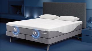 The Sleep Number i8 Smart Bed in navy bedroom with grey headboard.