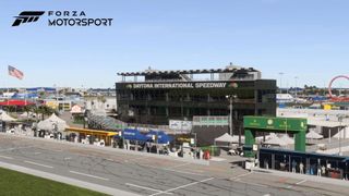 Pit road at the famous Daytona speedway in Forza Motorsport