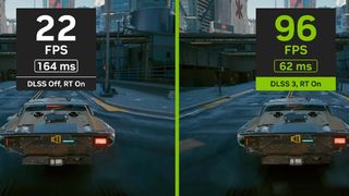 Nvidia DLSS 3.5 vs native screen resolution with a car driving through Night City in Cyberpunk 2077.