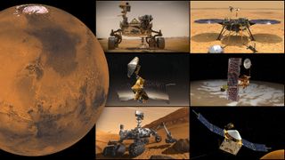 NASA's Mars missions will go offline during a temporary communications blackout in October 2021. (Clockwise, from top left: Perseverance rover, Ingenuity helicopter, InSight lander, Odyssey orbiter, MAVEN orbiter, Curiosity rover and Mars Reconnaissance Orbiter)