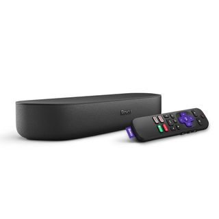 A black Roku Streambar soundbar with its remote on a white background.