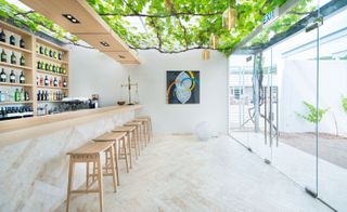 A bar with stools