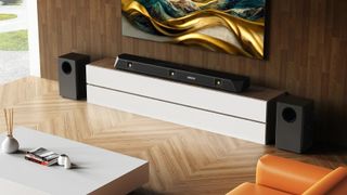 Nakamichi Dragon soundbar system in living room setting with big TV