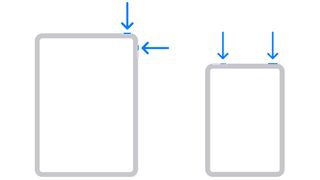 Graphic showing the location of the top button and volume button to screenshot on ipads without a home buttton