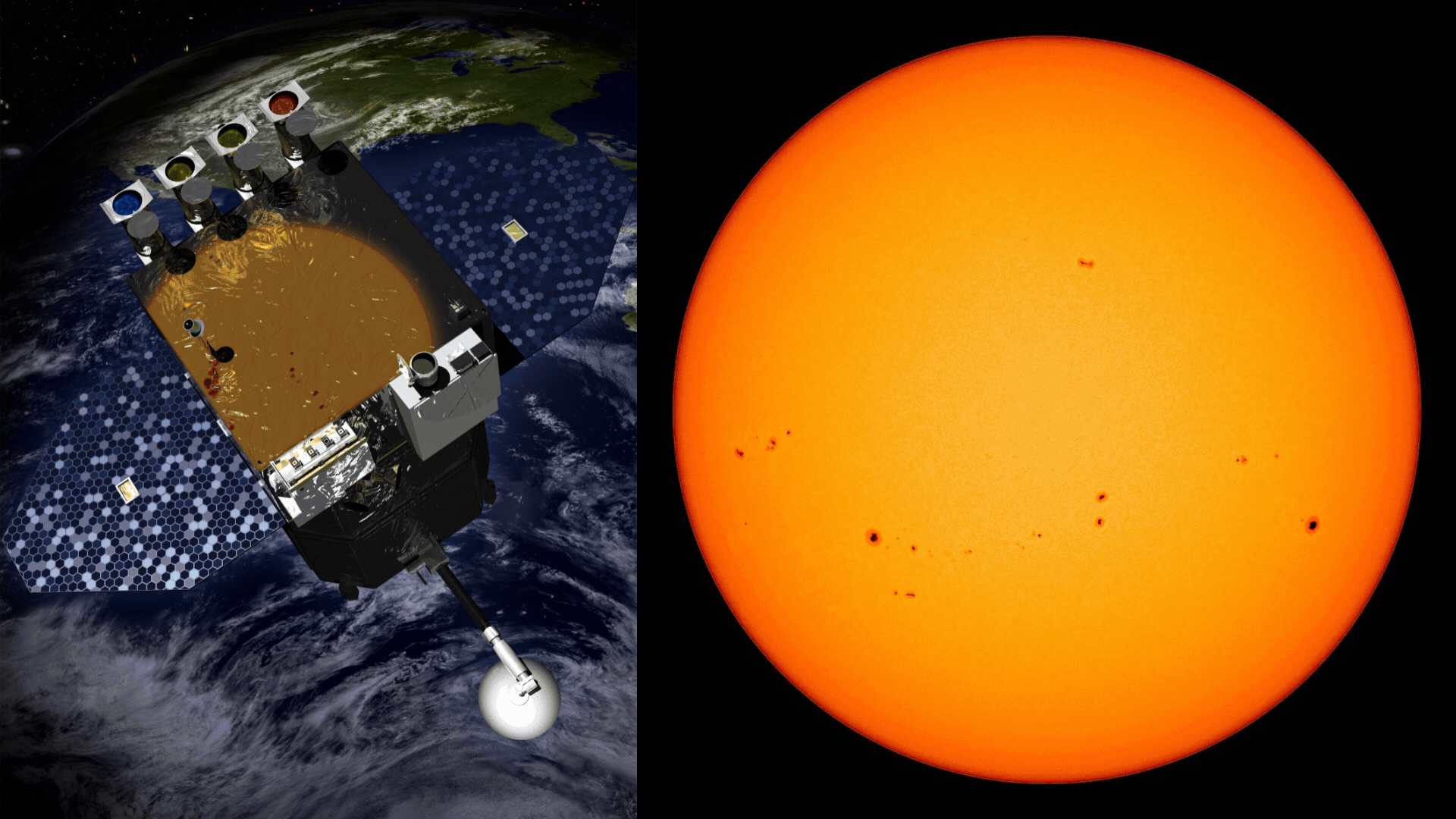 graphic illustration of the SDO on the left and a animation showing different views of the sun on the right. 