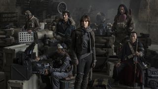 Wen Jiang, Felicity Jones, Diego Luna, Donnie Yen, and Riz Ahmed in Rogue One (2016)_Lucasfilm Ltd.