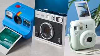 A compilation of photos showing the Polaroid Go Gen 2, the Fujifilm Instax mini Evo and the Instax mini 12 instant cameras