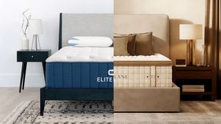 The Bear Elite Hybrid mattress on a bed frame (left), Cloverlane Hybrid Mattress on a bed frame (right)