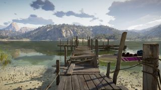 Call of the Wild: The Angler screenshot of fishing docks with a pink boat.