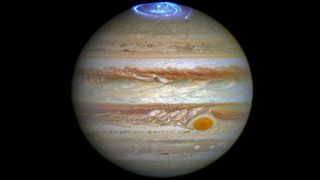 A composite image of auroras on Jupiter, taken using the Hubble Space Telescope's Imaging Spectrograph.