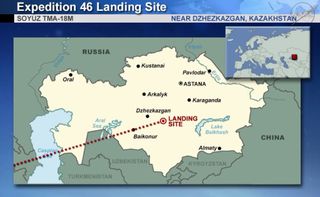 This NASA graphic shows the landing zone for astronaut Scott Kelly and cosmonauts Mikhail Kornienko and Sergey Volkov in their Soyuz space capsule on March 2, 2016 local time (late March 1 ET).