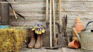 A row of gardening equipment lined up against a wall