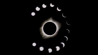 during a total solar eclipse the sun appears as a dark spot with bright white light beaming out from behind. A series of phases surround the main eclipse image, showing the moon take a progressively bigger &quot;bite&quot; out of the sun. 