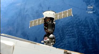 Russia&#039;s uncrewed Soyuz MS-23 spacecraft approaches the International Space Station for docking on Feb. 25, 2023.