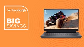 Dell G15 on orange background with big savings text overlay