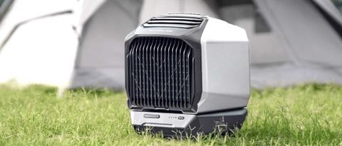 EcoFlow Wave 2 smart heat pump outside on grass near tent