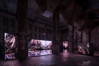 Installation view of Jakob Kudsk Steensen's Berl-Berl at Halle am Berghain, 2021