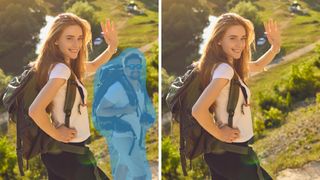 Screenshot from Adobe Photoshop Elements 2025 depicting two photos of a woman backpacking. One with a man beside her, the other with the removed via the Remove tool.