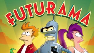 portraits of three cartoon characters: a red-haired young man, a silver-grey robot with a domed head; and a cyclops woman with purple hair