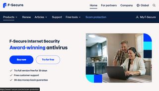 Website screenshot for F-Secure SAFE offering a free 30-day trial with customer support and a 30-day money-back guarantee.