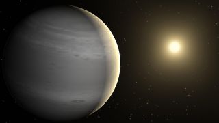 An artist's illustration of the gas giant discovered in star system HIP 81208. It looks like a cream-colored orb in the foreground. A bright star is seen glowing in the background.