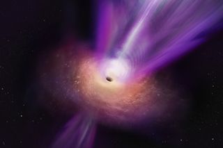 Artist’s impression of a supermassive black hole, surrounded by a purple-orange disk of glowing dust and gast