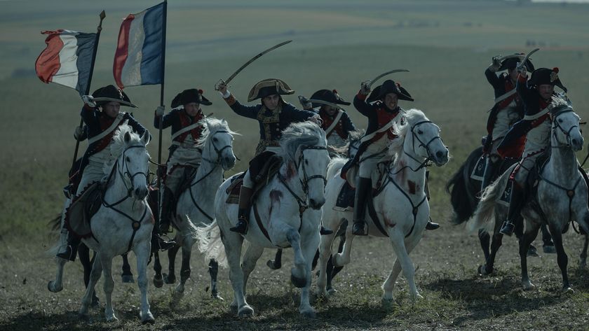 A still from Ridley Scott&#039;s Napoleon film, with horses charging into battle.