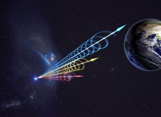 An artist&#039;s impression of a fast radio burst (FRB) reaching Earth, with colors signifying different wavelengths.