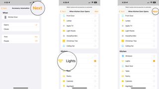 How to create an accessory automation in the Home app on the iPhone by showing steps: Tap Next, Tap a Scene or Accessory, Tap Next.