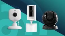 Three home security cameras on teal and blue background