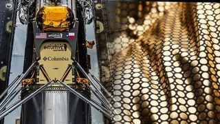 closeup photo of a reticulated gold and black fabric, next to a photo of a robotic moon lander