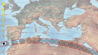 map showing the path of totality over the northern tip of Africa and southern Spain. 