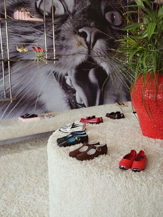 Tory Burch Melrose Store with fluffy carpet and plinth and cat wallpaper