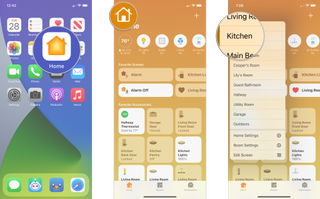 How to set your favorite accessories in the Home app on iPhone by showing steps: Launch the Home app, Tap on the House icon, Tap the name of the Room that your accessory is in