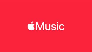 Apple Music logo in white on a red background