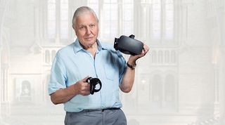 Sir David Attenborough with a VR headset and controller.