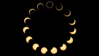 phases of an annular solar eclipse arranged in a circle formation showing the sun get progressively more eclipsed by the moon until just a thin ring of light is visible.