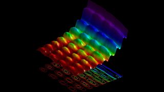 Light behaves as both particles and waves at the same time, and scientists have been able to observe this duality in action using an ultrafast electron microscope. The wave nature is demonstrated in the wavy upper portion, while the particle behavior is revealed below, in the outlines showing energy quantization.